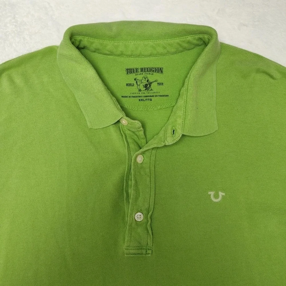 True Religion Polo Shirt Mens 2XL Green Pique Cotton Short Sleeve Collared Logo